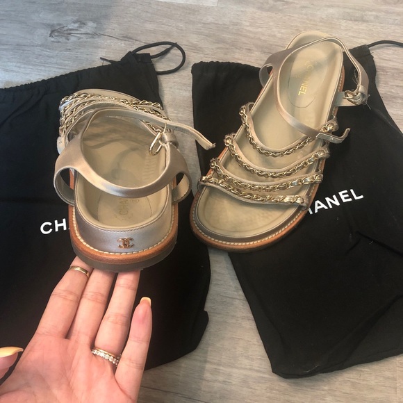 CHANEL Shoes - Chanel Beige Satin Gold Chains Gladiator Sandals CHANEL Shoes - Chanel Beige Satin Gold Chains Gladiator Sandals